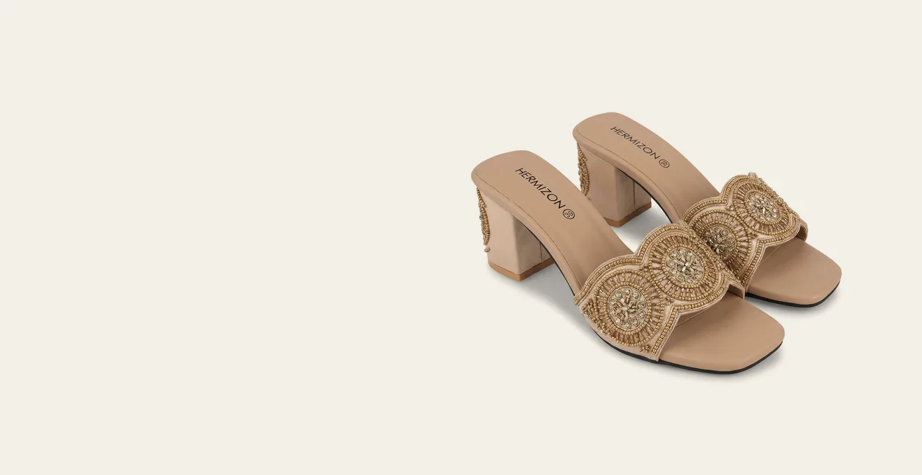 Ayra patterned bridal heel in beige, with gold medallion beadwork across the strap