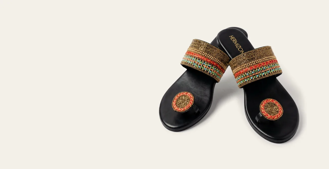 Lilaboti flat sandal with gold, coral and turquoise French knot beadwork